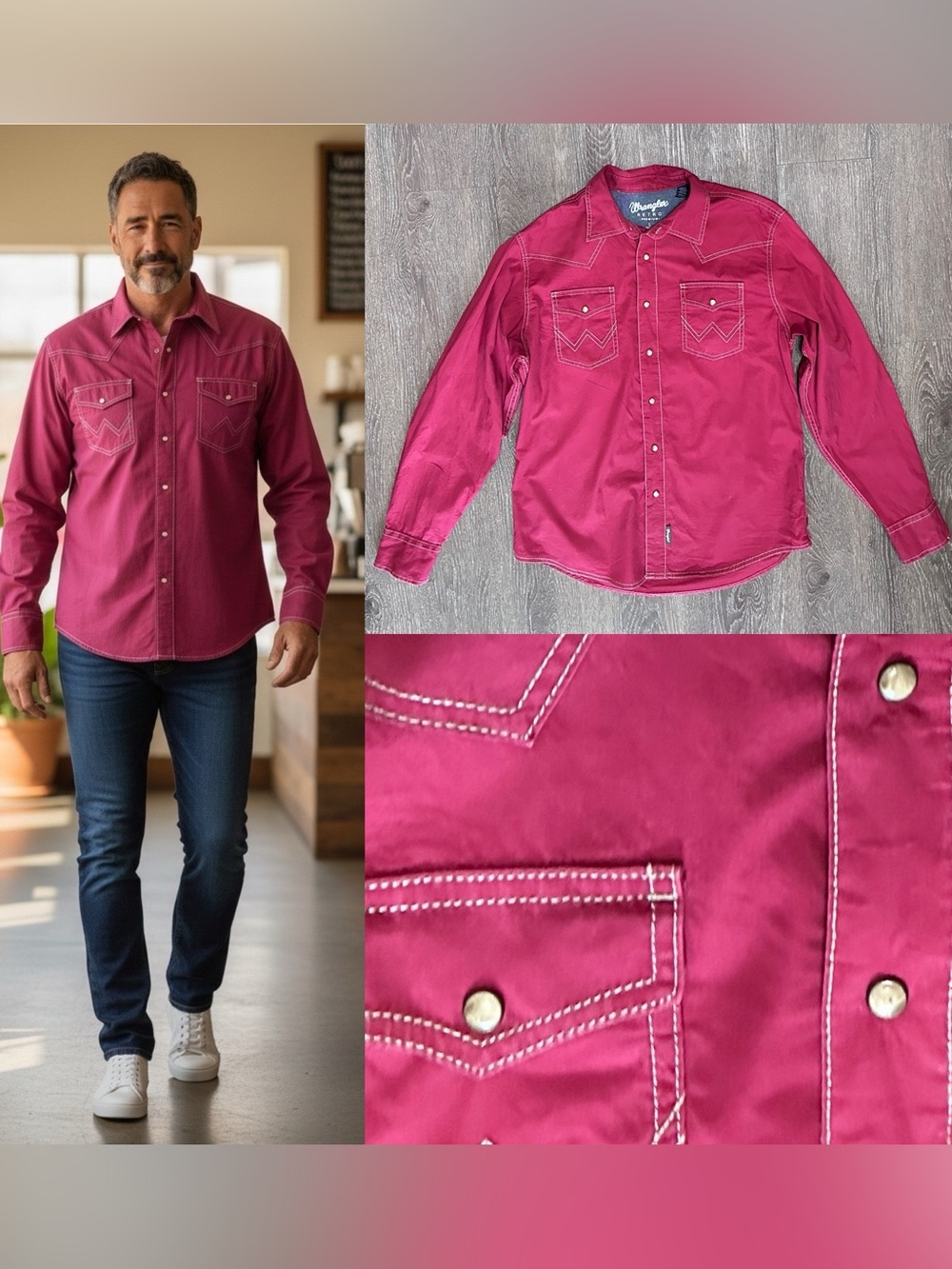 Men’s Wrangler Retro Snap Western Shirt Size Large VGC RED cotton